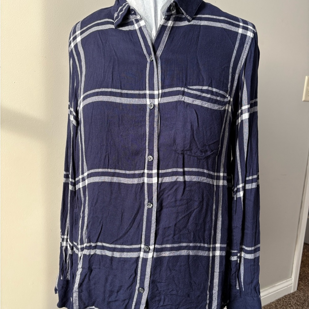 Old Navy Navy Blue Plaid Button Down Shirt